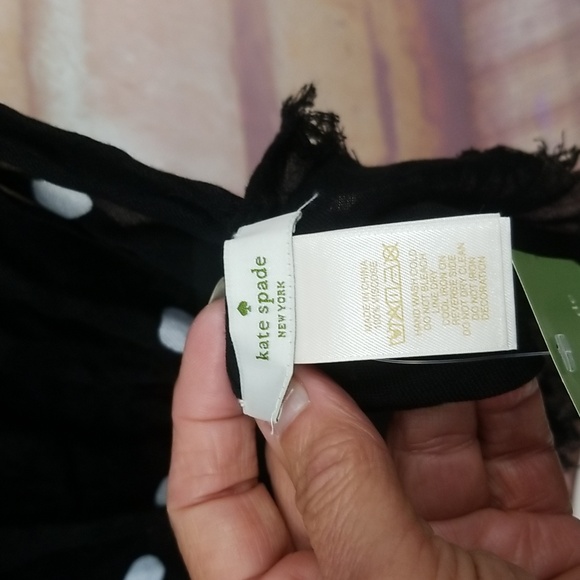 NWT Women's Kate Spade scarf. Color black white dots w/gold lettering. - Picture 5 of 5